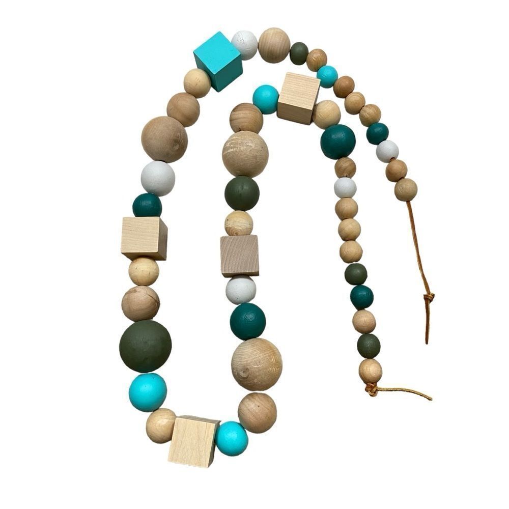 Large Wooden Block and‎ Bead Decor With Leather Cord Appr 70” Long